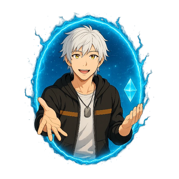 Kira, a magyar VTuber, egy fénylő portálból nyújtja a kezét egy teleport kristállyal, segítve visszatalálni a főoldalra.